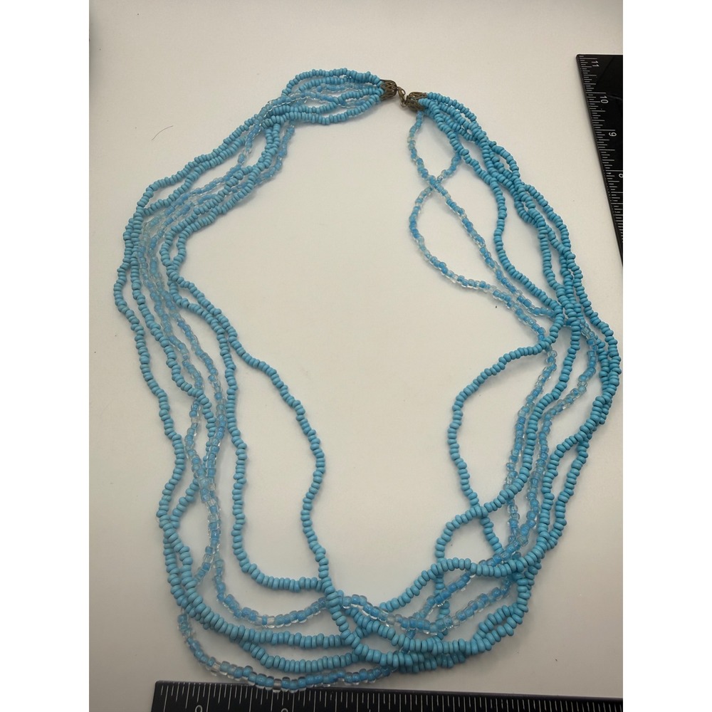 Vintage Multi Strand Turquoise Blue Seed Bead Necklace Brass Filigree Clasp‎ 20"